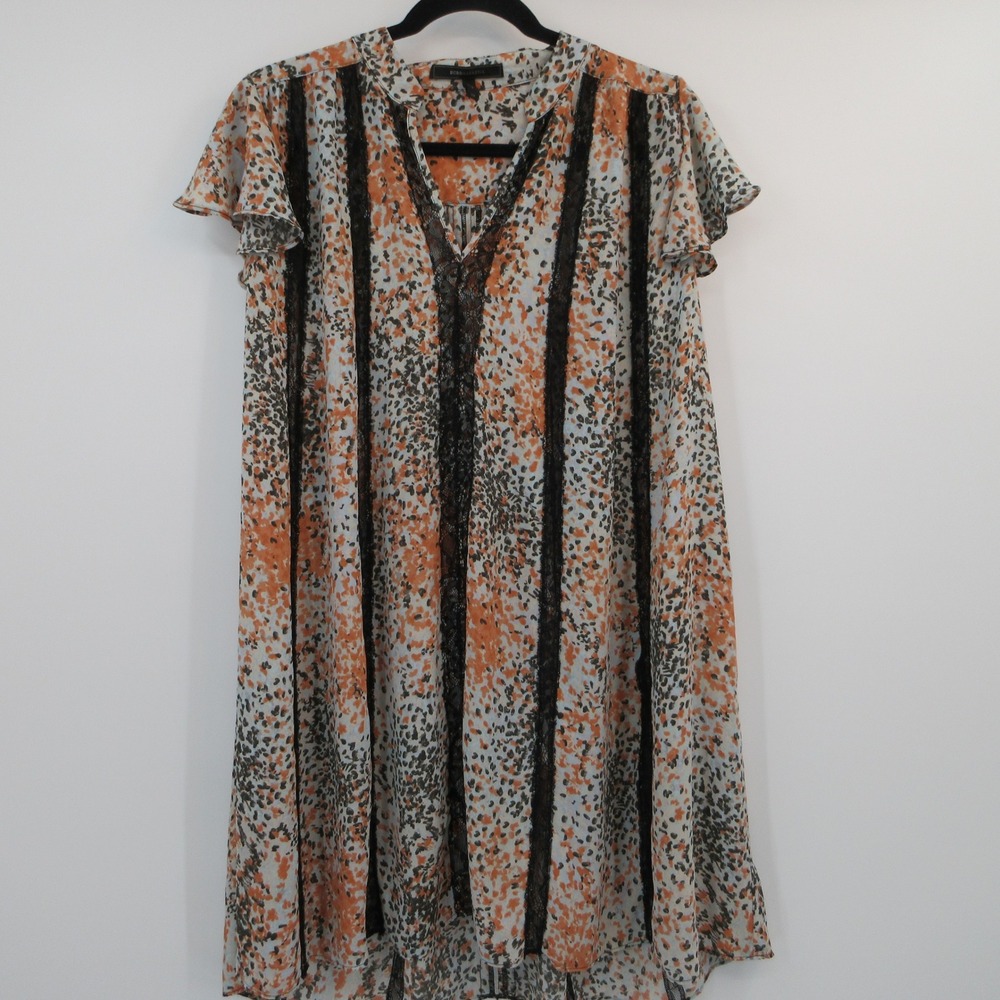 BCBGMAXAZRIA Women Abstract Print Lace Trim Flutter Sleeve Shift Mini Dress XS